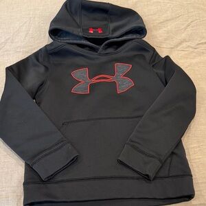 Under Armour Youth Black Hoodie with Bold Red/gray Emblem, STORM1